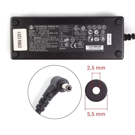 Liteon/Lishin 135W 19V 7.1A strømforsyning med 5.5mm x 2.5mm stik - Original
