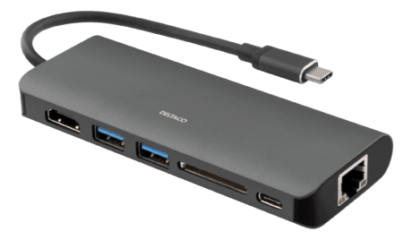 USB-C Docking Station med HDMI, RJ45, 2xUSB Type A, USB-C port til opladning, hukommelseskortlæser, sort
