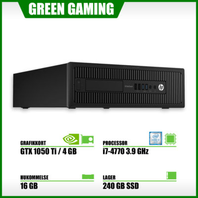 - STOR GAMER PC - Intel i7 + GTX 1050 Ti 4G - 240GB SSD 16GB RAM Win10 Pro - Guld stand - Grøn Computer - Genbrugt IT med omtanke - GC D HPED800 MU T026GTX1050TIP