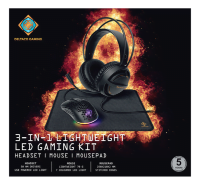 - DELTACO Gaming kit 3-in-1 Headset Mouse Mousepad, black with LEDs - Grøn Computer - Genbrugt IT med omtanke - GAM 131 zzz