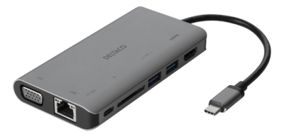 - DELTACO USB-C to HDMI / VGA / USB / RJ45 / SD adapter, USB-C port for charging, 3840x2160, space gray - Grøn Computer - Genbrugt IT med omtanke - USBC HDMI181