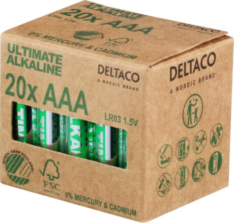 DELTACO Ultimate Alkaline batteries, LR03/AAA size, 20-pack bulk