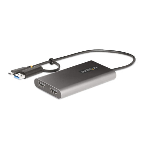 StarTech.com USB-C to Dual-HDMI Adapter USB-C or A to 2x HDMI 4K 60Hz 100W PD Pass-Through 1ft (30cm) Built-in Cable External Video Graphics Adapter