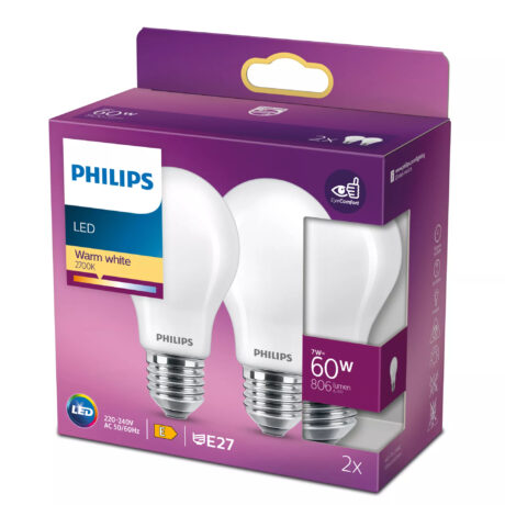 Philips LED pære Classic Standard 7W/827 (60W) mat 2-pak E27