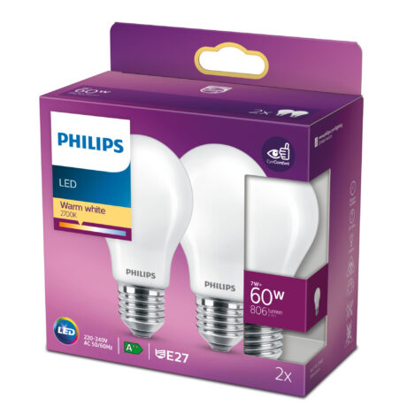 Philips LED pære Classic Standard 7W/827 (60W) mat 2-pak E27