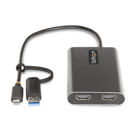 StarTech.com USB-C to Dual-HDMI Adapter USB-C or A to 2x HDMI 4K 60Hz 100W PD Pass-Through 1ft (30cm) Built-in Cable External Video Graphics Adapter
