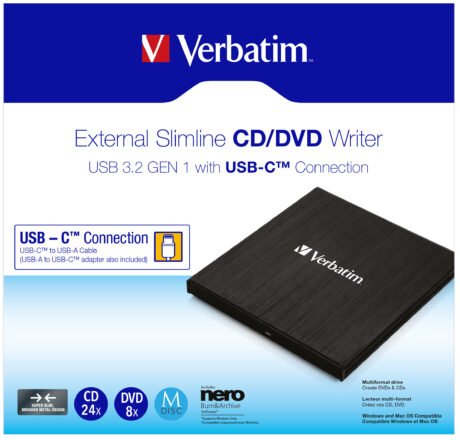 Verbatim Slimline - DVD±RW (±R DL) drive - USB 3.2 Gen 1 - external - DVD-RW (Brænder) - USB 3.2 Gen 1 - Sort